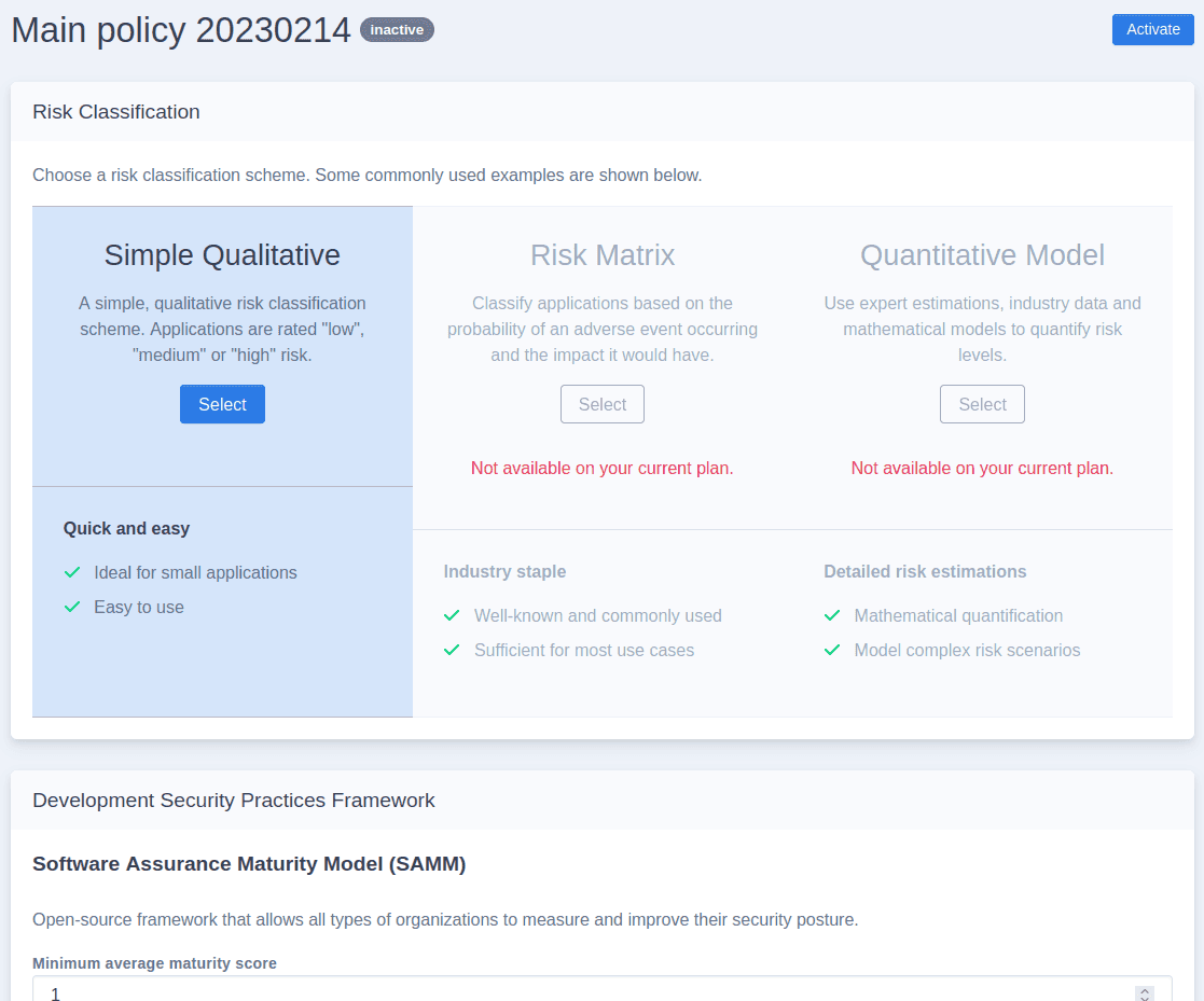 A screenshot of the Secuma application with the security policy functionality shown